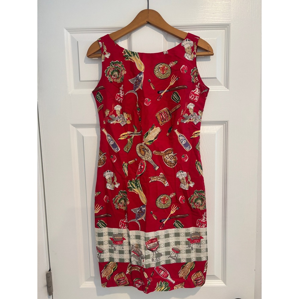 VTG Reyn Spooner American Classics BBQ Novelty Print Shift Dress‎ Cotton Red XS